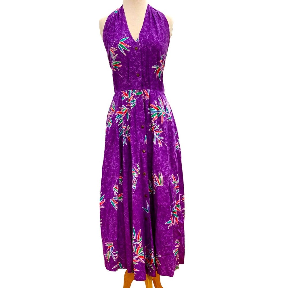 vintage 80’s purple tropical print halter style dress size s-m